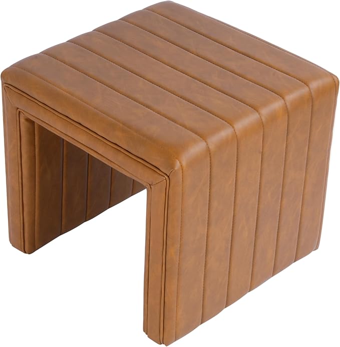 HomePop Modern Channel Tufted Faux Leather Ottoman Home Décor|Ottoman - Image 9