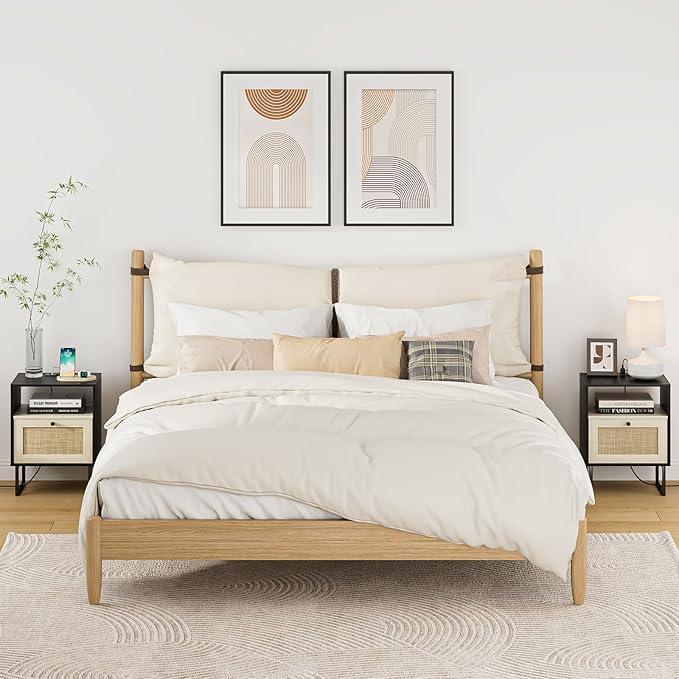 Rattan Nightstand with Charging Station, Boho Night Stand Farmhouse Wood - Image 7