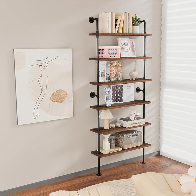 6 Tier Industrial Ladder Shelf Bookcase, Wall Mounted Rustic Bookshelf - Image 5