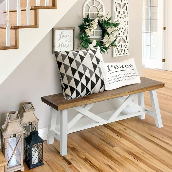 Wnutrees 43" Farmhouse Wood Bench, Rustic Solid Wood Entryway Bench Seat - Image 5