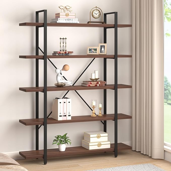 HSH Walnut 5 Tier Bookshelf, Tall Bookcases and Book Shelves 5 Shelf, Large - Image 3