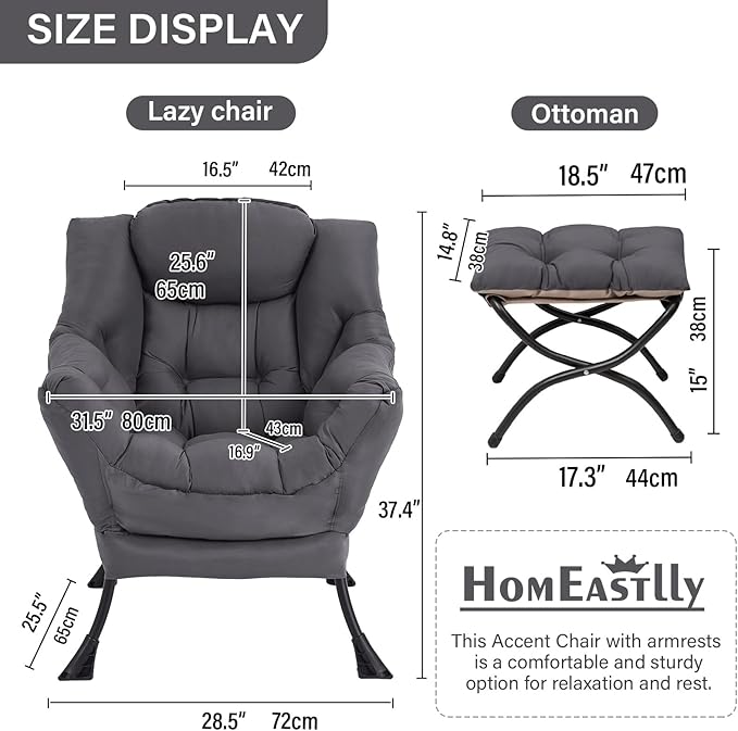 Lazy Chair with Ottoman, Reading Armchair with Armrests and Footrest, Large - Image 2