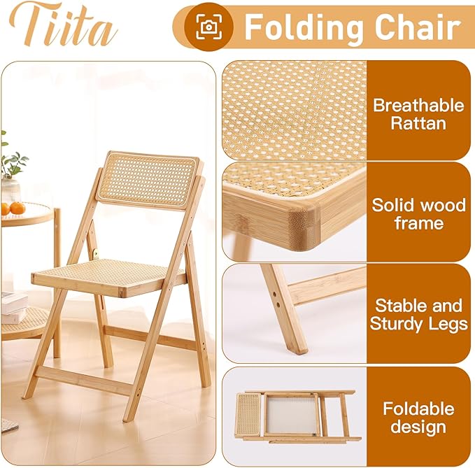 Tiita Rattan Dining Chairs Set of 1, Mid Century Modern Folding Chair, Bamboo - Image 4