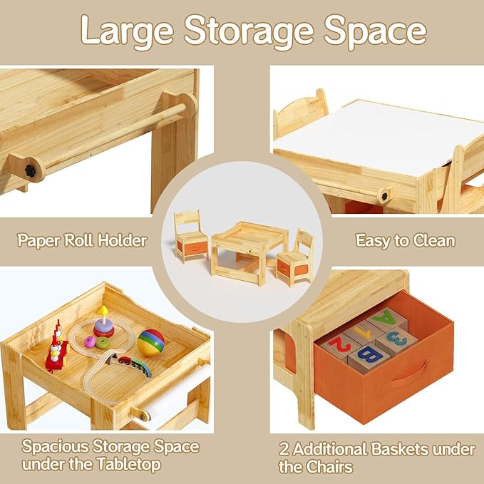 Pinewood Kids Table and Chair Set, 3 in 1 Toddlers Wooden Art Activity Table - Image 8
