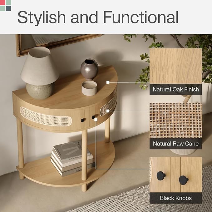 Rattan Half Moon Shaped Entry Table, Small Console Table - Image 6
