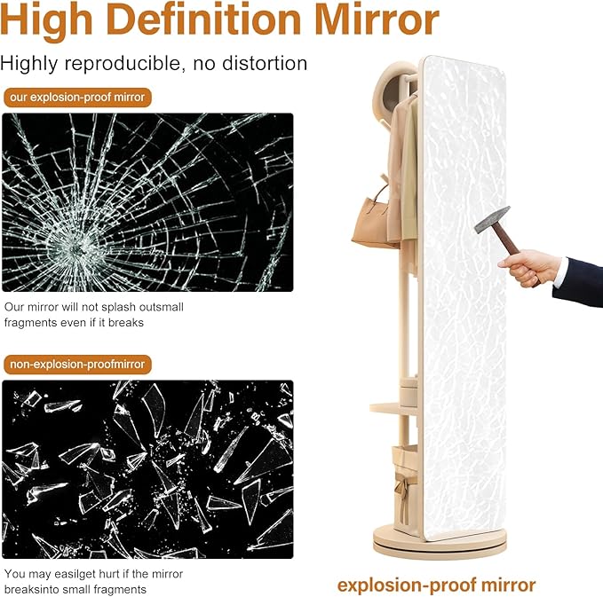 70"x16"Full Length Mirror with Stand, Coat Rack with Mirror, Solid Wood Floor - Image 7