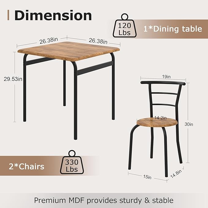 VECELO 3 Piece Dining Table & Chairs Set - Image 2