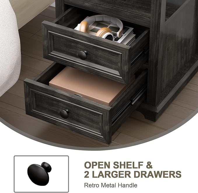 End Table with Fast USB C Charging Station, Large Storage Rustic Wood Square - Image 5