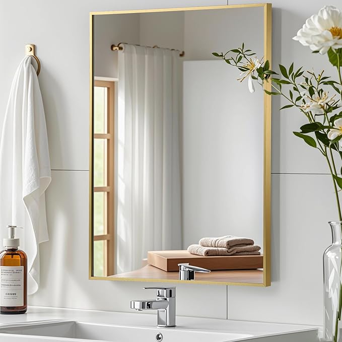 Gold Bathroom Mirror, Brushed Gold Mirror, Metal Frame Square Corner Vanity by JENBELY