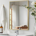 Gold Bathroom Mirror, Brushed Gold Mirror, Metal Frame Square Corner Vanity by JENBELY