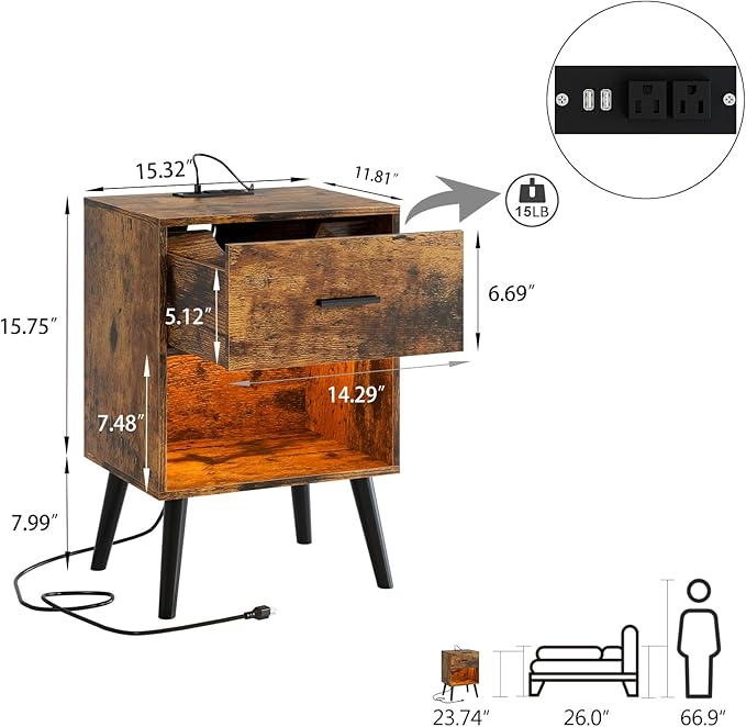 Nightstand with Charging Station and LED Lights, Small Side Table, Bedside - Image 2
