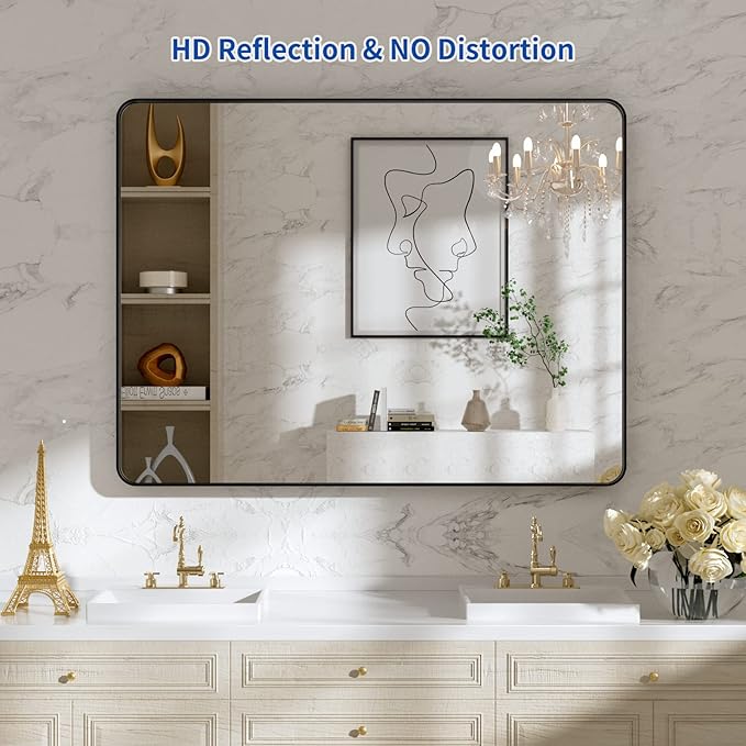 WEER Black Bathroom Mirror, 40X30 Inch Rectangular Black Metal Framed - Image 4