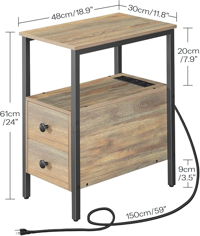 HOOBRO End Table with Charging Station, Narrow Side Table with 2 Drawer & USB - Image 3