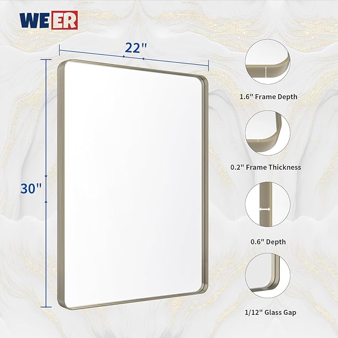 WEER 22X30 Inch Brushed Nickel Bathroom Mirror, Brushed Silver Metal Frame - Image 6