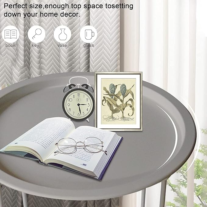 Garden 4 you Folding Tray Metal Side Table 2PC Grey Round End Table Cyan Sofa - Image 4