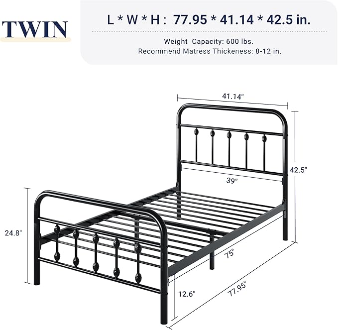 Allewie 14 Inches Twin Size Metal Platform Bed Frame - Image 8
