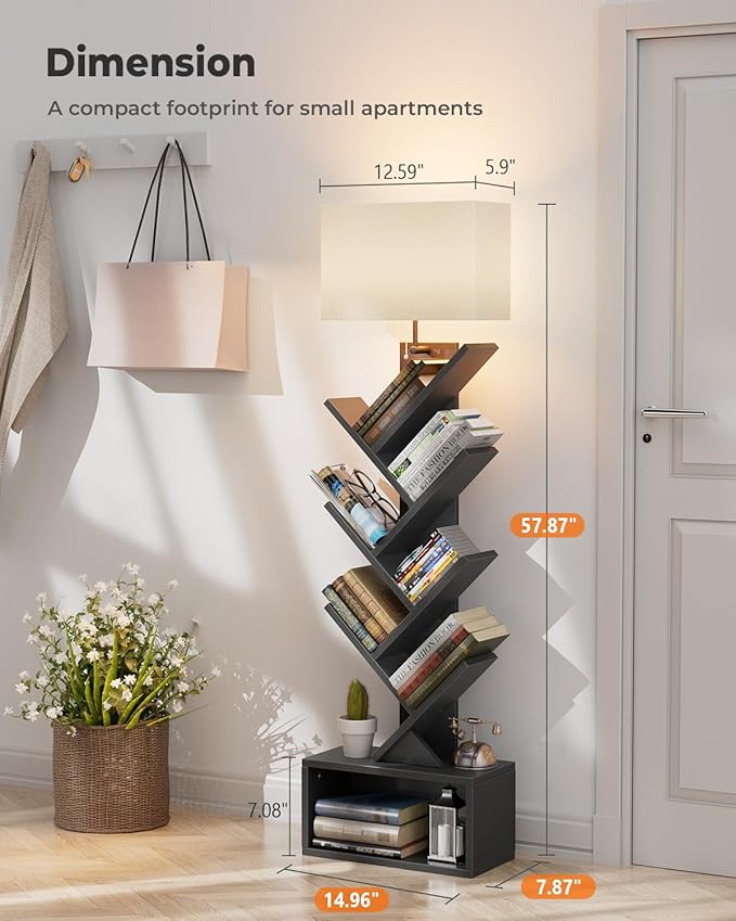 6 Tier Tree Bookshelf with Light, Narrow Bookcase Tower, Tall Floor Standing - Image 2