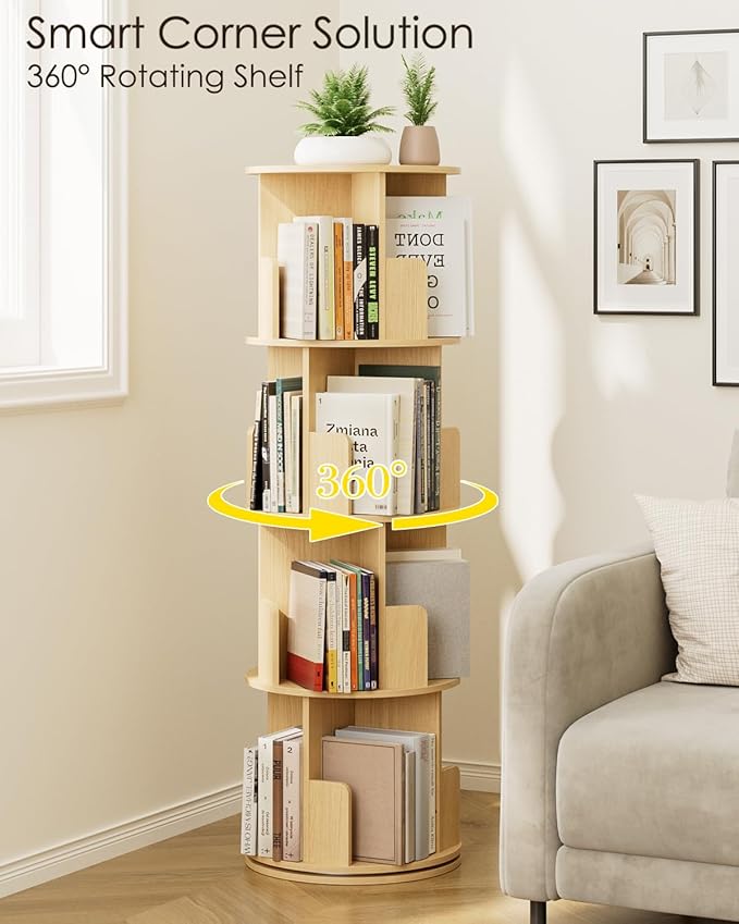 Masupu Rotating Bookshelf, Tall 4 Tier Rotating Spinning Bookshelf Tower - Image 5
