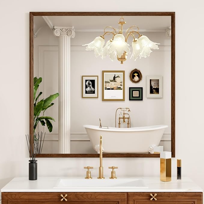 Bathroom Vanity Mirror 36x36 Inch, Walnut Rectangle Bathroom Mirror, 4MM by JISOSO