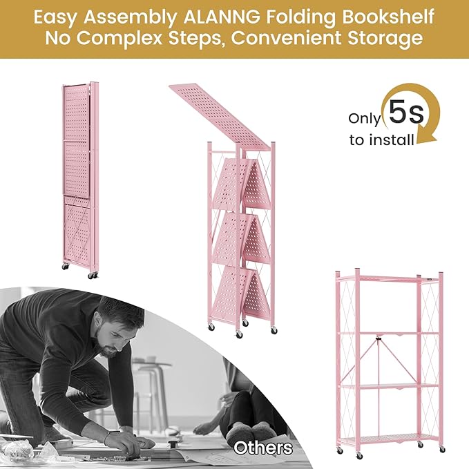 ALANNG Storage Shelves with Wheels, Bookshelf with Storage, No Assembly Metal - Image 5