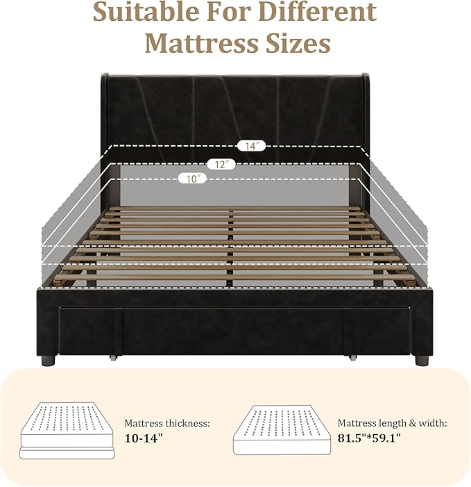 Queen Bed Frame with Storage Drawers, Upholstered Platform Bed with Headboard - Image 7