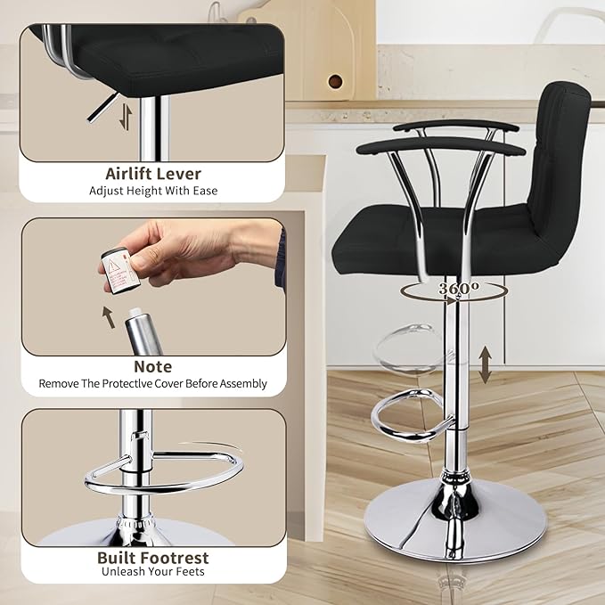 Bar Stools Set of 2, Armrest Adjustable Swivel Barstools - Image 5