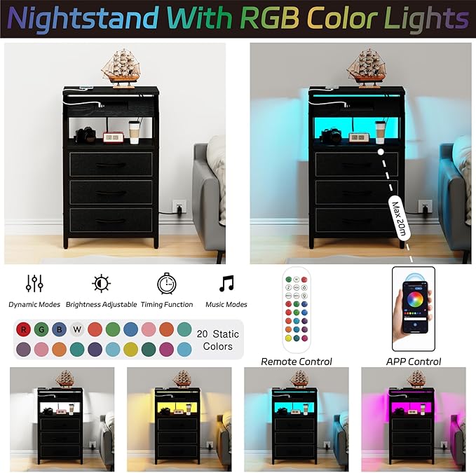 End Table with 3 Drawers, Nightstand with Charging Station and LED Lights - Image 6