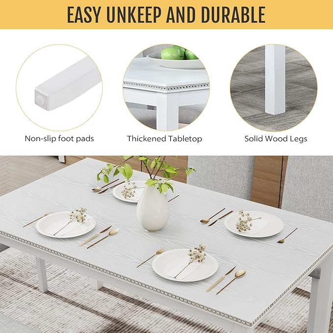 6-Piece Solid Wood Dining Table Set, Including 1 Dining Table, 4 Upholstered - Image 3