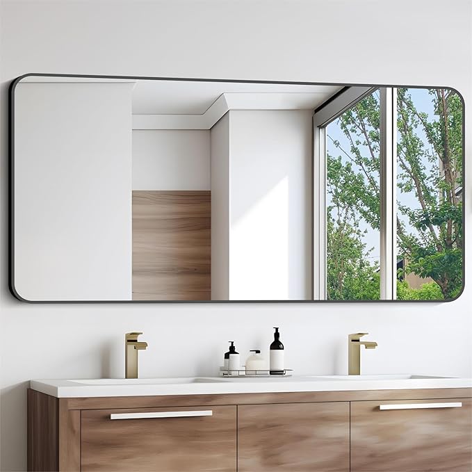 Bathroom Mirror, 30x60 inch Black Rectangle Wall Mirror, Metal Frame Rounded - Image 6