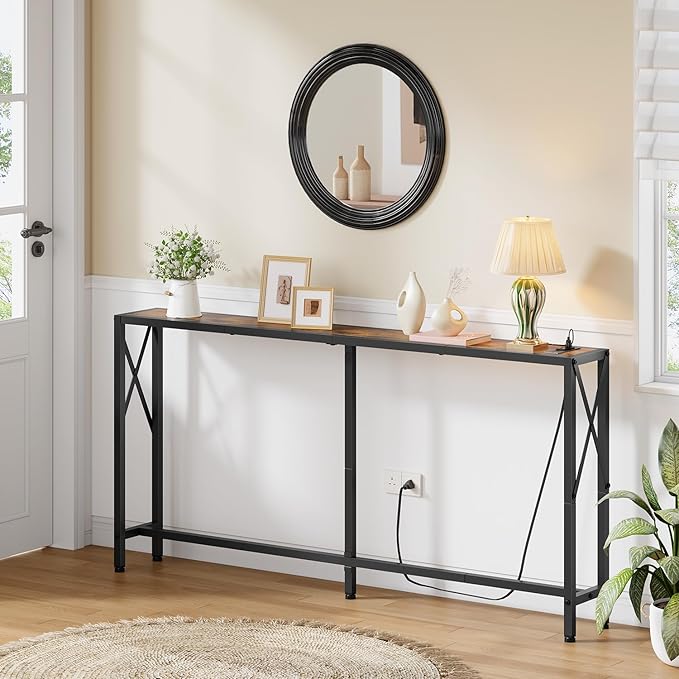 Console Table with Oulets and USB Ports, 55.1" Sofa Table Behind Couch - Image 2