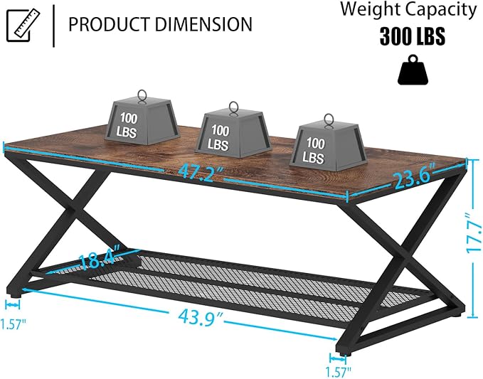 LVB Rustic Coffee Table with Storage, Industrial Wood Metal 2 Tier Center - Image 2