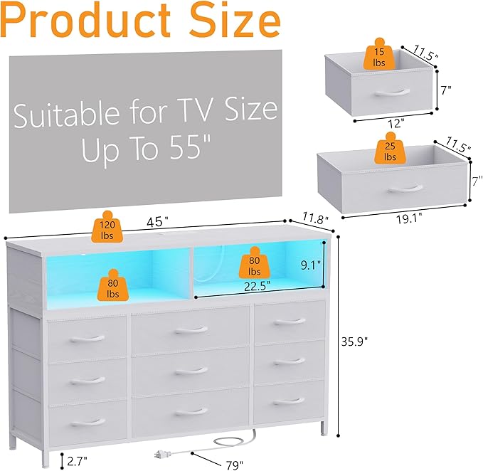White Dresser for Bedroom, Led Dresser TV Stand - Image 2