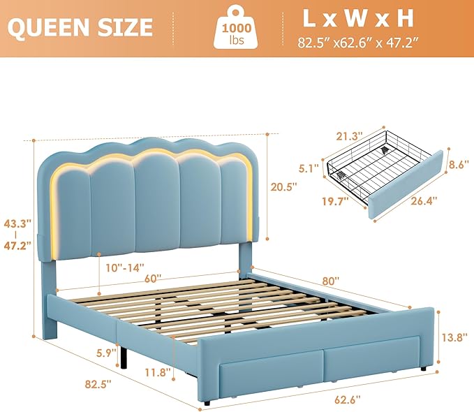 Queen Upholstered LED Bed Frame - Image 2