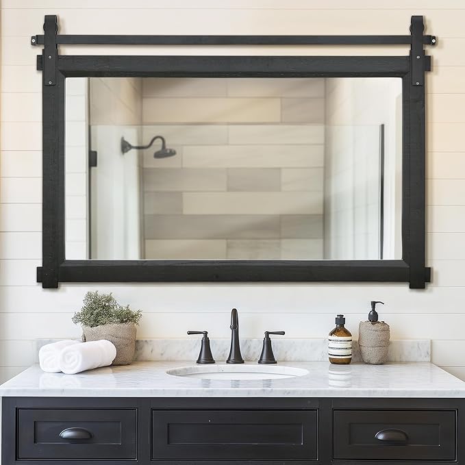 Bathroom Barn Door Mirror: 42"x28" Black Farmhouse Wood Frame - Image 2