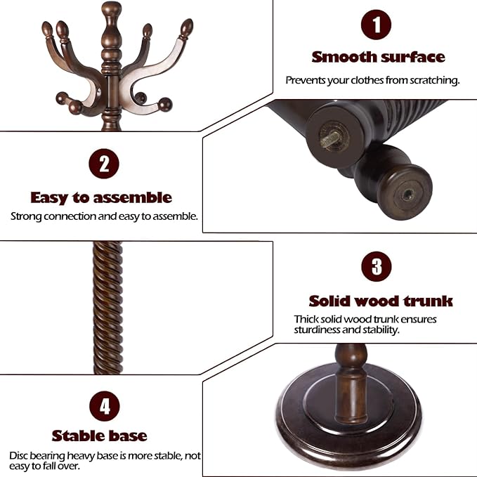 Coat Racks Free Standing with 14 Hooks, Natural Wood Coat Stands - Image 5