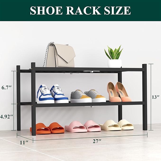Smiry Shoe Rack, 2 Tier Thick Bamboo Shoe Organizer, Stackable Free Standing - Image 2