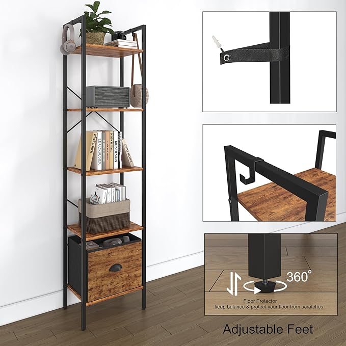 5 Tier Bookshelves, Tall Narrow Bookcases - Image 4