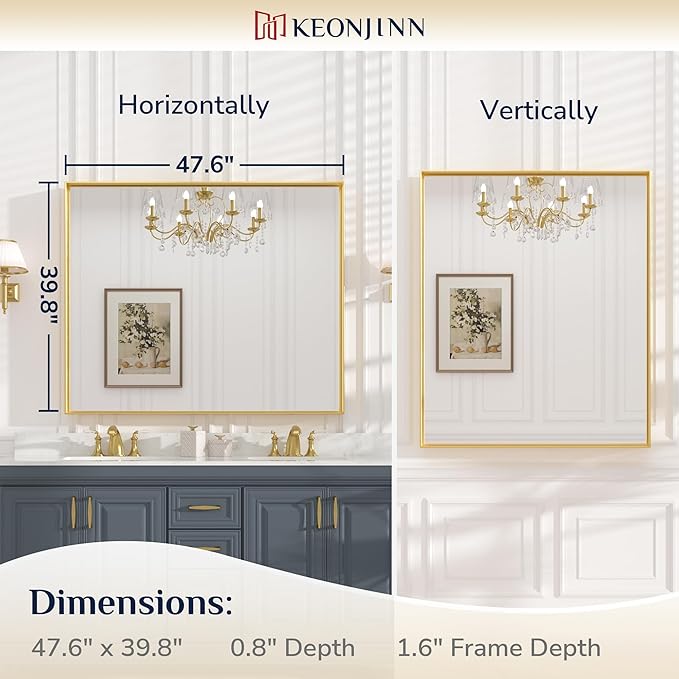 Keonjinn Gold Bathroom Mirrors 48” x 40” Rectangle Wall Vanity Mirror Large - Image 7