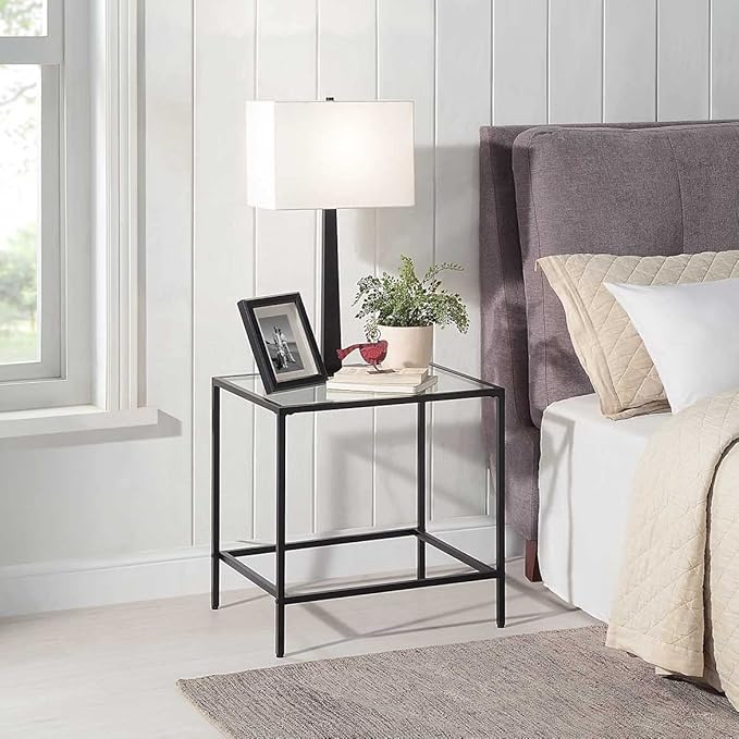 CAWS 22" W Black End Table, Tempered Glass Rectangle Side Table, Night Stand - Image 4