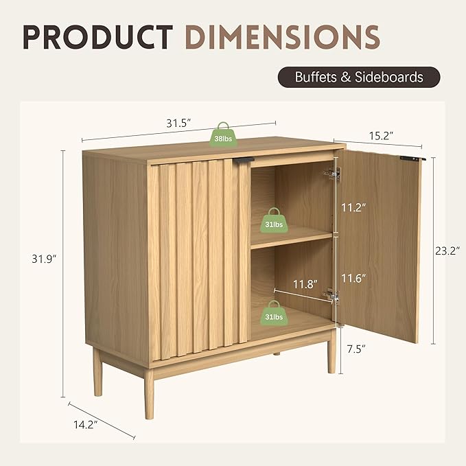Fluted Cabinet with Storage, Buffet Cabinet Sideborad with Door, Kitchen Buffet - Image 2