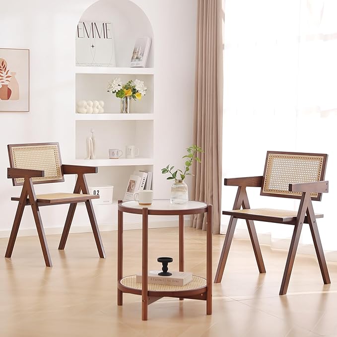 Tiita Rattan Dining Chairs Set of 2, Mid Century Modern Armchairs, Wooden - Image 2