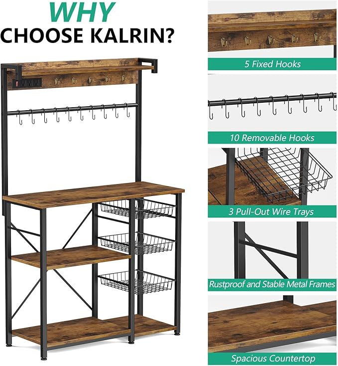 Large Bakers Rack with Power Outlets 38.8 Inches, 15 Hooks Coffee Bar with 3 - Image 5