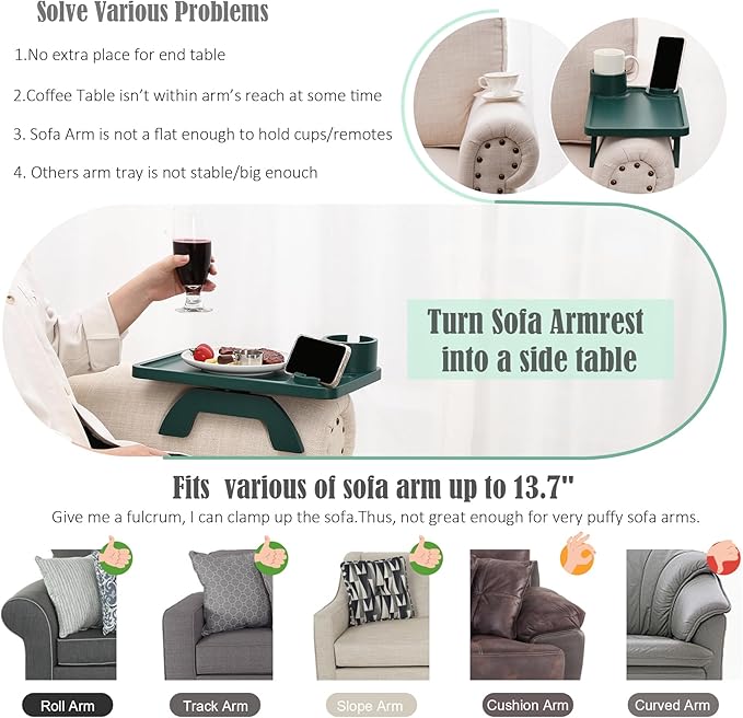 Nnewvante Couch Arm Table, 3 in 1 Large 15.36"x9.85" Bamboo Sofa Arm Clip on TV - Image 4