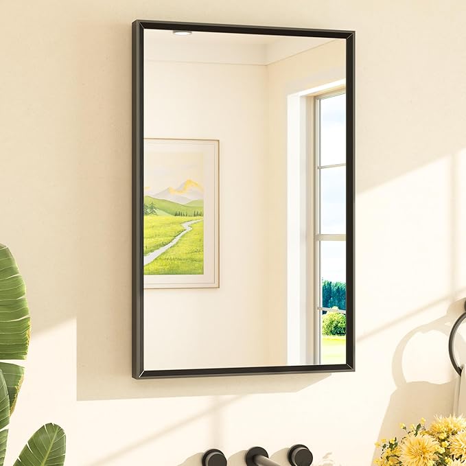 TETOTE Black Bathroom Mirror 20" x 30" Matte Black Rectangle Beveled Framed by TETOTE