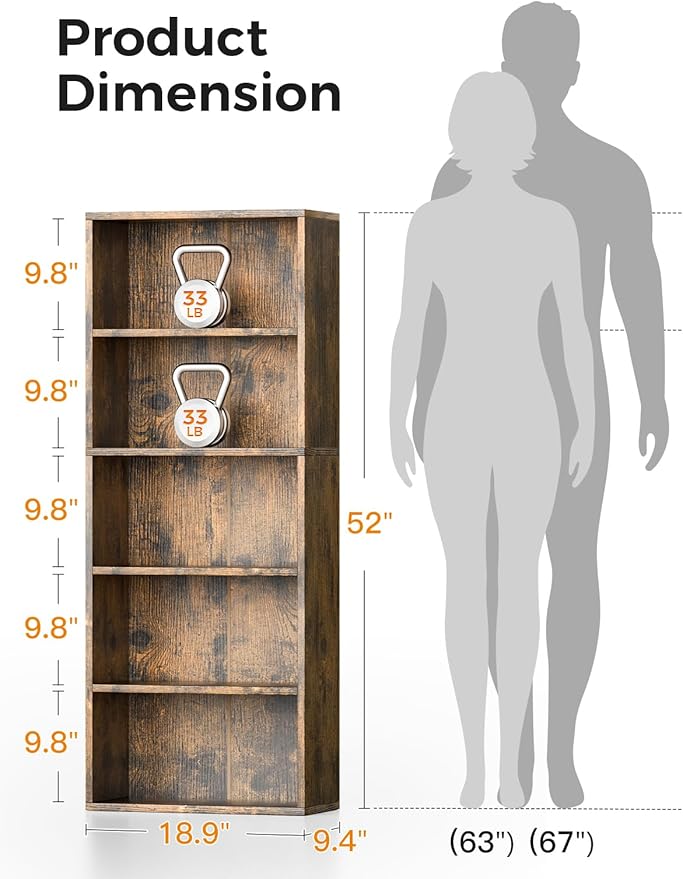 Casaottima 5-Tier Open Bookshelf and Bookcase, Floor Standing Display Storage - Image 3