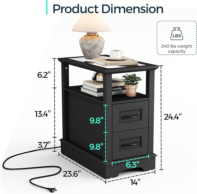 LINSY HOME End Table with Charging Station, Narrow Sofa Couch Side Table with - Image 3
