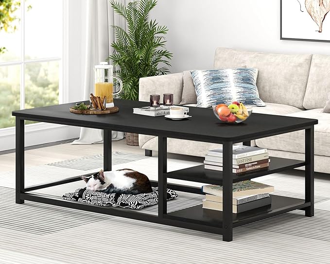 EXCEFUR Black Coffee Table, Rustic Wood Living Room Table - Image 7