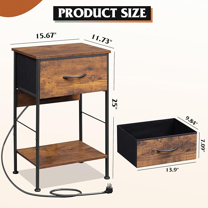WLIVE Night Stand with Charging Station, Small Nightstand with Fabric Drawer - Image 3