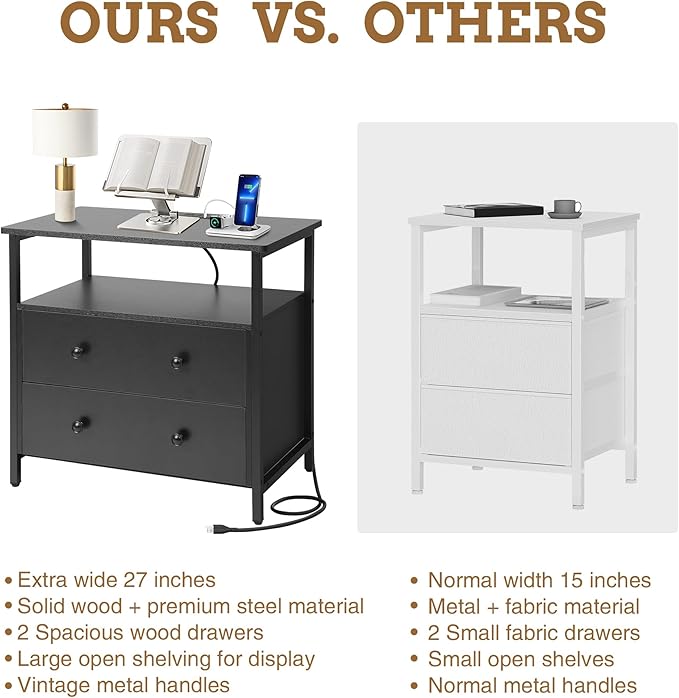 27 inch Wide Nightstand with Charging Station, Bedside Table with Open Shelf - Image 7