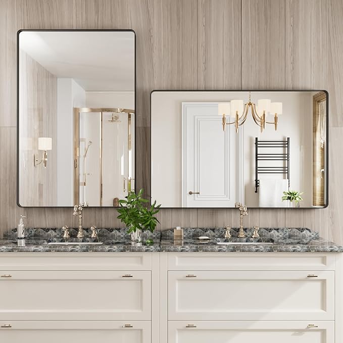 Black Bathroom Mirror 48X32 Inch, Rounded Rectangle Matte Bathroom Vanity Mirror - Image 3
